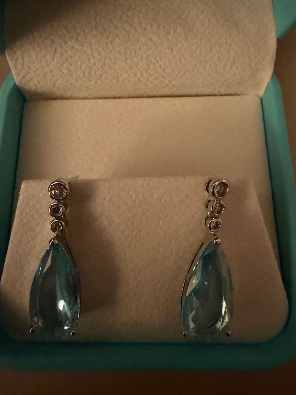 Acquamarine Teardrop Earrings: White Topaz Accents, 14kt White Gold/Silver